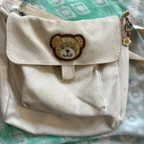 Canvas Crossbody Bag with Teddy Patch - Cream - Picture 1 of 2